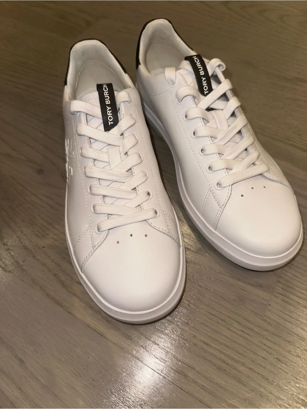 Tory Burch White Leather Sneakers with Black Heel Accent
